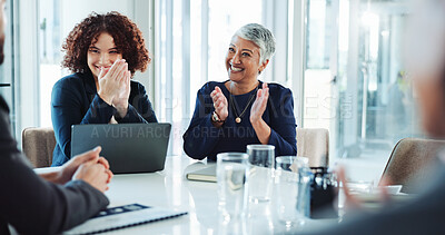 Buy stock photo Happy, business people and meeting with applause for congratulations, thank you or well done at office. Group, employees or team clapping with smile for good job, speech or promotion at workplace