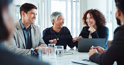 Buy stock photo Laptop, business people and happy group planning, laughing and brainstorming sales project. Manager, computer and funny team with joke for collaboration, ideas and budget solution in office meeting