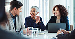 Team, planning and meeting with business people in office for growth strategy, proposal pitch and laptop. Sales projection, consultant and budget workshop with employees for brainstorming and profit