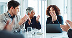 Excited, business people and meeting with applause for congratulations, thank you or well done at office. Group, employees or team clapping with smile for good job, speech or promotion at workplace
