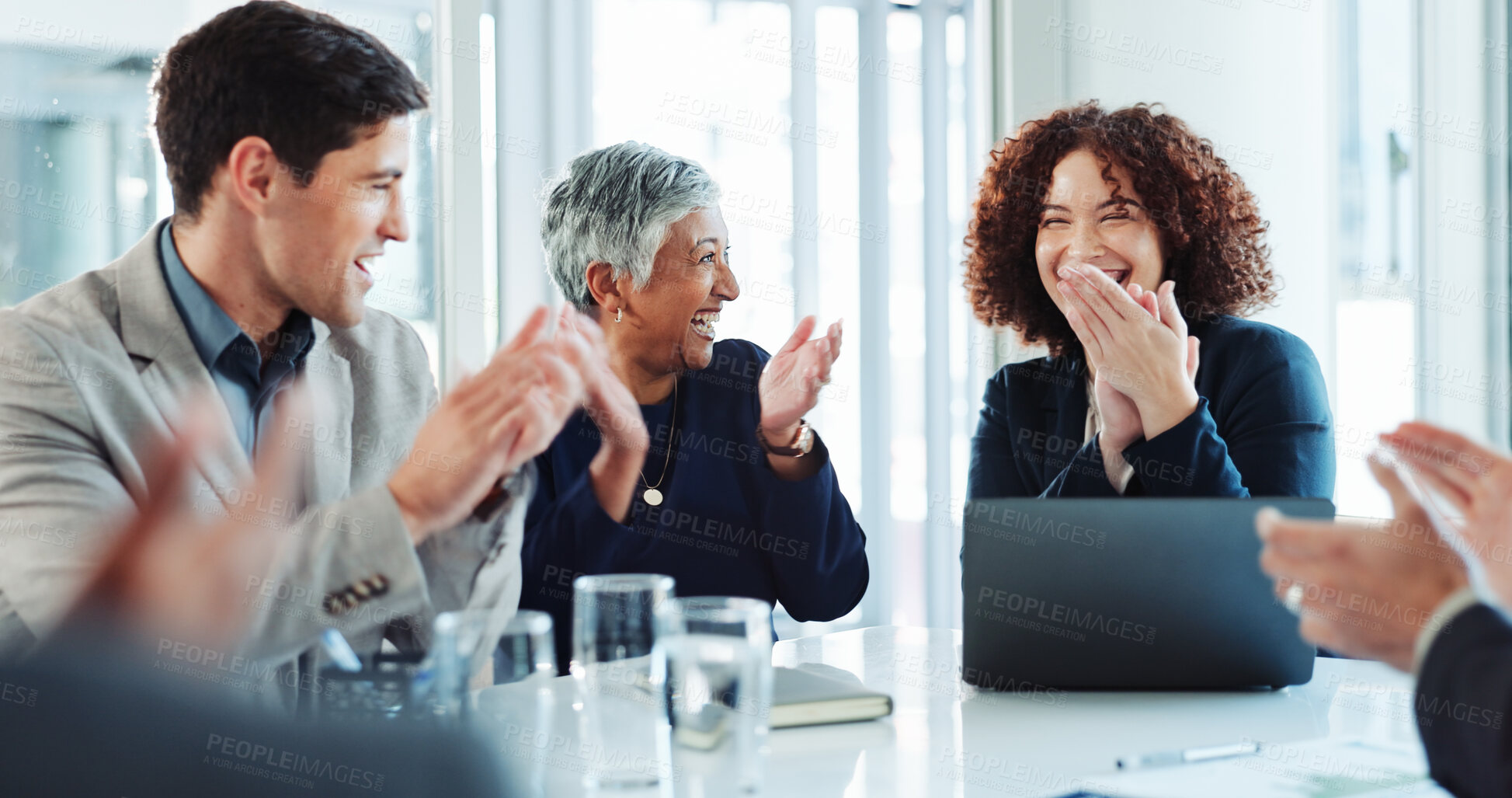 Buy stock photo Excited, business people and meeting with applause for congratulations, thank you or well done at office. Group, employees or team clapping with smile for good job, speech or promotion at workplace