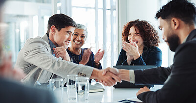 Buy stock photo Happy, business people and applause with handshake for agreement, good deal or partnership at conference. Businessman, colleagues or employees shaking hands with team for introduction at workplace