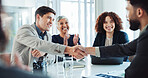 Happy, business people and applause with handshake for good deal, partnership or agreement at conference. Businessman, colleagues or employees shaking hands with team for introduction at workplace