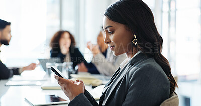 Buy stock photo Office, businesswoman and smile with smartphone for meeting, corporate training and consultant for chat. Workplace, female person and financial advisor with mobile for service app, message or contact