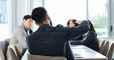 Buy stock photo Back, business man and discussion in meeting for financial compliance, budget monitoring and performance feedback. Finance delegate, collaboration and people in office for internal audit and planning