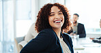 Office, businesswoman and about us in portrait for meeting, corporate training or investment feedback. Workplace, female person and financial advisor with confidence for laugh, job or risk management