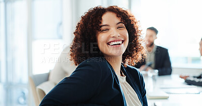 Buy stock photo Office, businesswoman and about us in portrait for meeting, corporate training or investment feedback. Workplace, female person and financial advisor with confidence for laugh, job or risk management