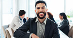 Office, businessman and portrait with smile for meeting, corporate training and investment feedback. Workplace, male person and financial advisor with confidence for about us and risk management