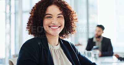 Buy stock photo Office, businesswoman and portrait with smile for meeting, corporate training and investment feedback. Workplace, female person and financial advisor with confidence for about us and risk management