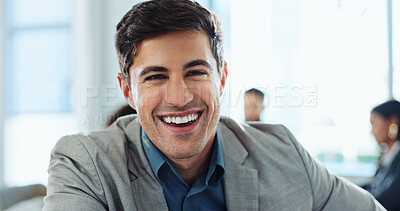 Buy stock photo Office, businessman and about us in portrait for meeting, corporate training or investment feedback. Workplace, male person and financial advisor with confidence for risk management, smile or career
