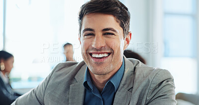 Buy stock photo Office, man and about us in portrait for business meeting, corporate training or investment feedback. Workplace, male person and financial advisor with confidence for risk management, smile or career