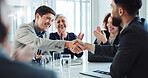 Happy, businessmen and applause with handshake for partnership, agreement or good deal at conference. Business people, colleagues or employees shaking hands with team for introduction at workplace