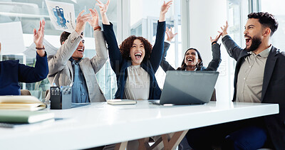 Buy stock photo Excited, business people and laptop with documents in air for winning, celebration or completion. Happy group, team or employees with smile or paperwork for finished, done or tasks at workplace