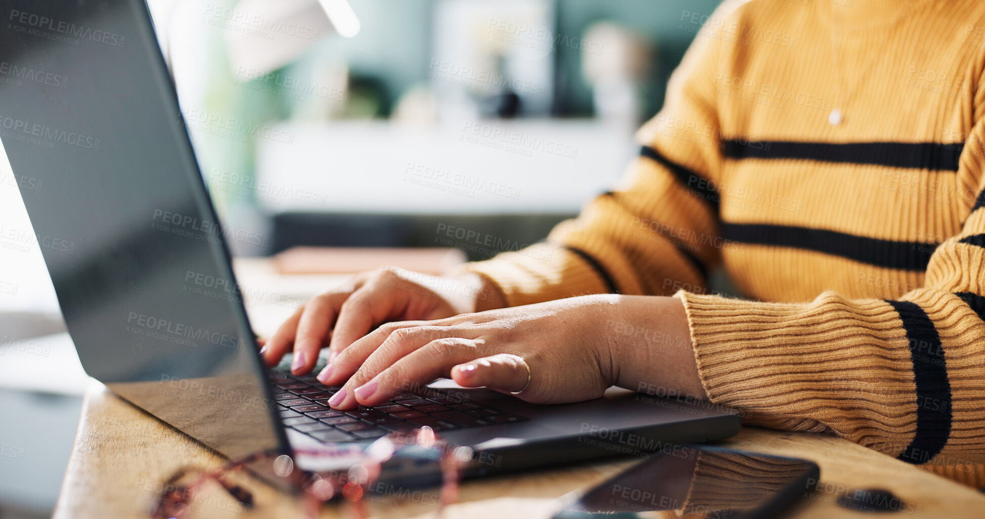 Buy stock photo Laptop, woman and hands typing for remote work, accounting budget and bookkeeping review. Writing, computer and freelancer in home office for financial audit, communication and taxes on internet