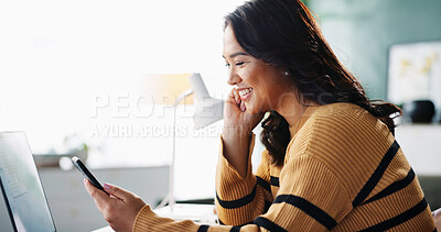 Buy stock photo Mobile, remote work and woman in home office for online accounting, budget review and bookkeeping. Phone, smile and freelancer on app for financial audit, communication and reading news on internet