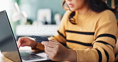 Buy stock photo Woman, hands or laptop with credit card for ecommerce, payment or remote banking at home. Closeup, female person or shopper with computer or debit for wireless transaction or online shopping at house