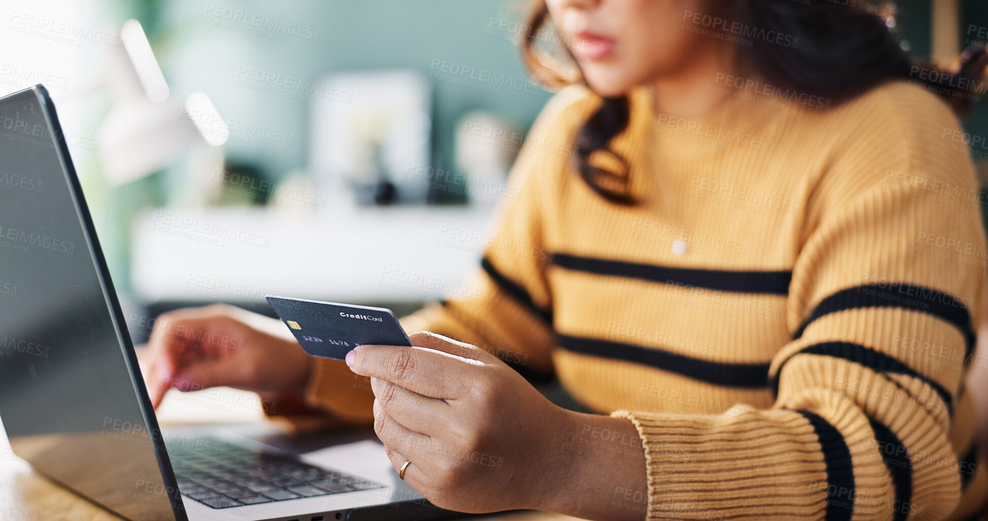 Buy stock photo Woman, hands or laptop with credit card for ecommerce, payment or remote banking at home. Closeup, female person or shopper with computer or debit for wireless transaction or online shopping at house