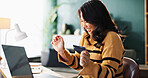 Happy woman, laptop and purchase with credit card for online shopping, payment or banking at home. Female person, shopper or customer with smile or debit on computer for app or ecommerce at house