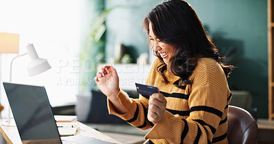 Buy stock photo Happy woman, laptop and purchase with credit card for online shopping, payment or banking at home. Female person, shopper or customer with smile or debit on computer for app or ecommerce at house
