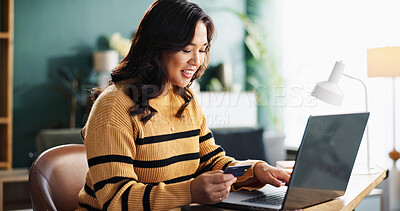 Buy stock photo Happy, asian woman and laptop with credit card for online shopping, payment or banking at home. Female person, shopper or customer with debit or computer for remote transaction or ecommerce at house