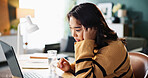 Laptop, remote work and stress with woman in home office for email communication, report or review. Anxiety, burnout and frustration with freelance employee in apartment for planning or research