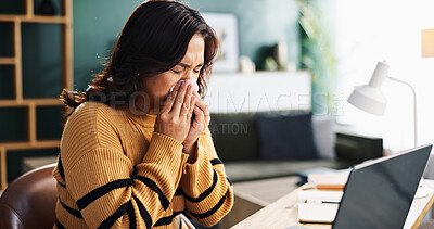 Buy stock photo Sick woman, laptop and blowing nose with tissue for flu, cold or viral infection at home. Female person, influenza or virus with sinus, allergy or hayfever on computer for health symptoms at house