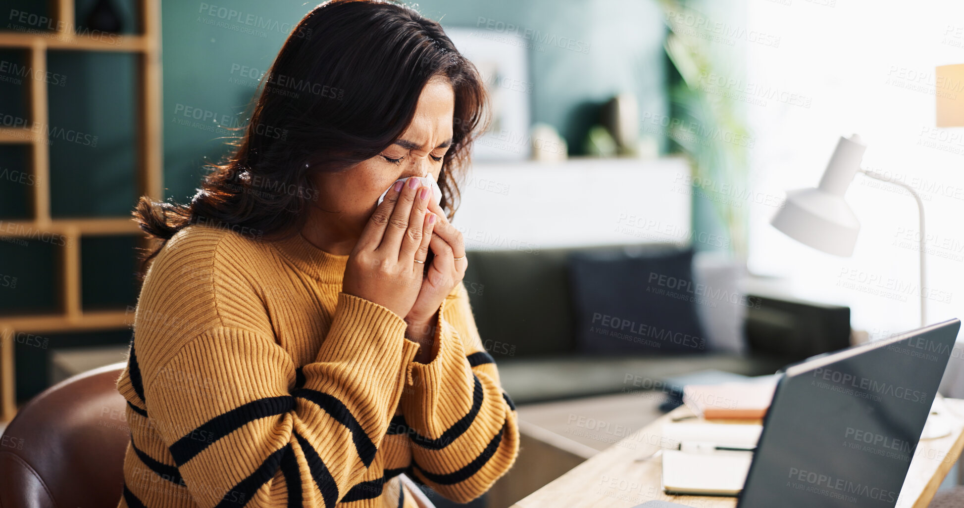 Buy stock photo Sick woman, laptop and blowing nose with tissue for flu, cold or viral infection at home. Female person, influenza or virus with sinus, allergy or hayfever on computer for health symptoms at house