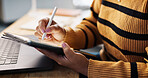 Tablet, remote work and woman with hands in home office for creative drawing, sketch or graphic design. Digital technology, pen and freelancer on app closeup for art, brand logo or research online