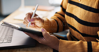 Buy stock photo Tablet, remote work and woman with pen in hands for creative drawing, sketch or graphic design. Digital technology, stylus or freelancer on app closeup for art, brand logo or research in home office