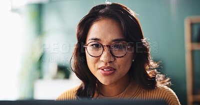Buy stock photo Remote work, laptop and woman with reading in home for story development, article proofreading and online research. Entrepreneur, freelance writer or tech for news publication, editor review or email