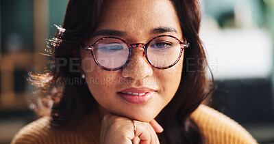 Buy stock photo Thinking, woman and thoughts with glasses at house for reflecting, planning and weekend inspiration. Female person, ideas and eyewear for daydreaming, decision and remember with memory in living room
