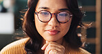 Thinking, woman and ideas with glasses at house for reflecting, planning and weekend inspiration. Female person, thoughts and eyewear for daydreaming, decision and remember with memory in living room