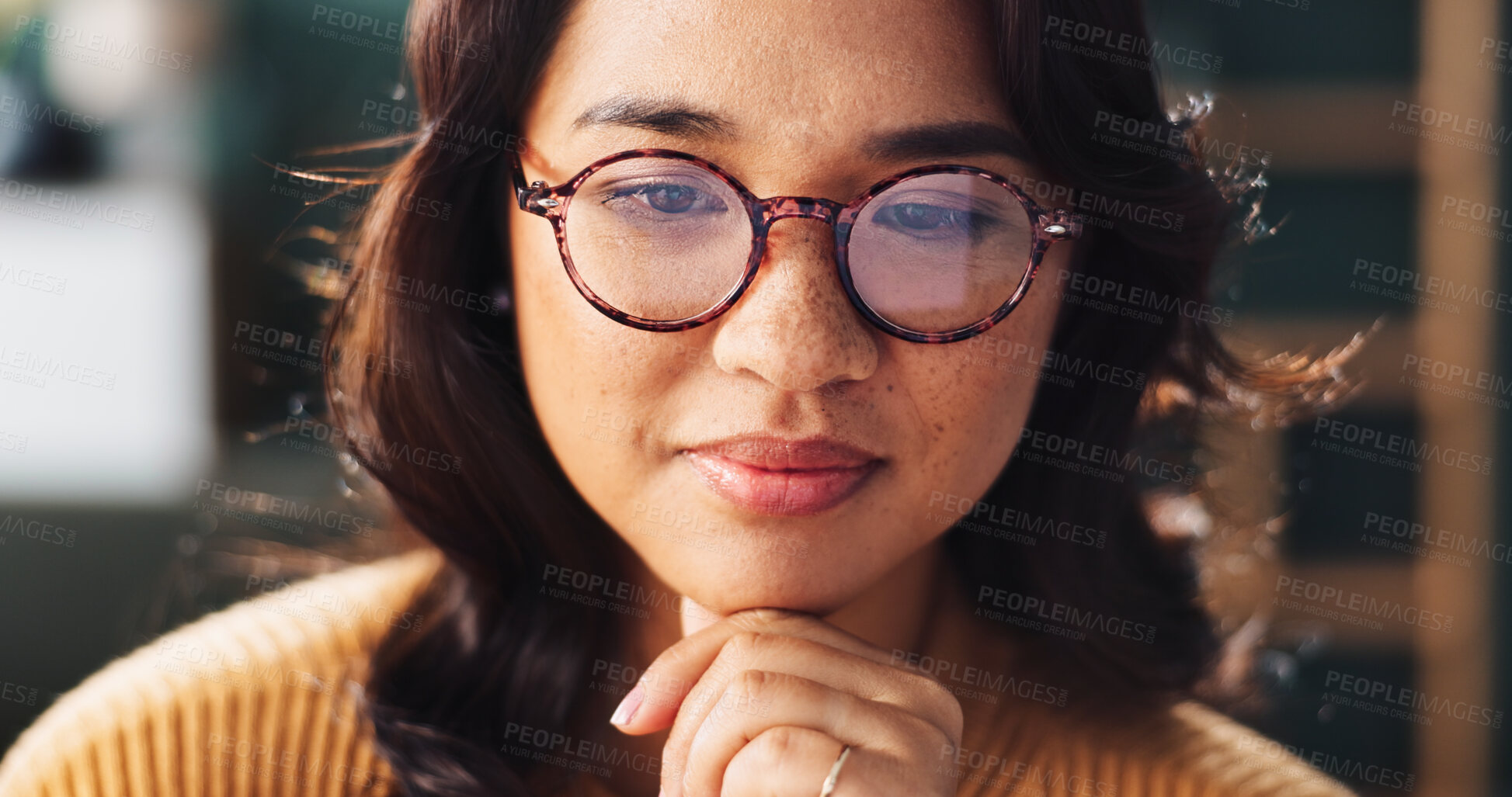 Buy stock photo Thinking, woman and ideas with glasses at house for reflecting, planning and weekend inspiration. Female person, thoughts and eyewear for daydreaming, decision and remember with memory in living room