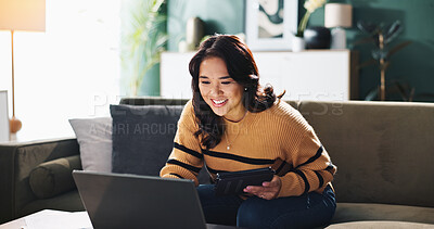 Buy stock photo Tablet, remote work and happy woman in home with laptop for accounting, budget review or bookkeeping. Digital technology, sofa and freelancer on app for financial audit, communication or taxes online