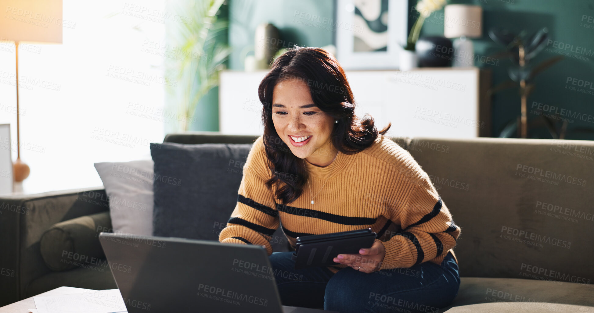 Buy stock photo Tablet, remote work and happy woman in home with laptop for accounting, budget review or bookkeeping. Digital technology, sofa and freelancer on app for financial audit, communication or taxes online