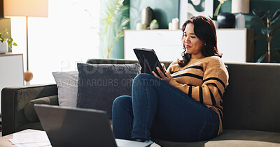 Buy stock photo Tablet, remote work and woman in home online for accounting, budget review and bookkeeping. Digital technology, sofa and freelancer on app for financial audit, communication and taxes on internet