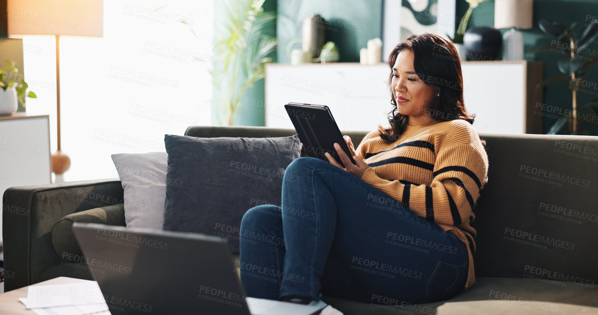 Buy stock photo Tablet, remote work and woman in home online for accounting, budget review and bookkeeping. Digital technology, sofa and freelancer on app for financial audit, communication and taxes on internet