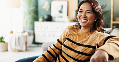 Buy stock photo Portrait, smile and Asian woman in home for relax, peace and calm on weekend in lounge. Face, living room and happy female person with comfort, resting and chill on sofa in apartment in Indonesia