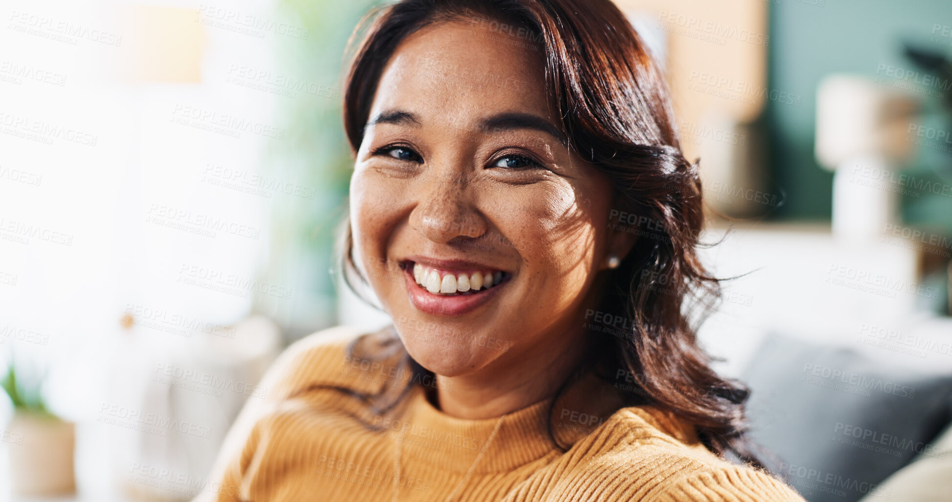 Buy stock photo Portrait, relax and happy Asian woman in apartment for peace and calm on weekend in lounge. Face, smile and female person in living room with comfort, resting and chill on sofa in home in Thailand