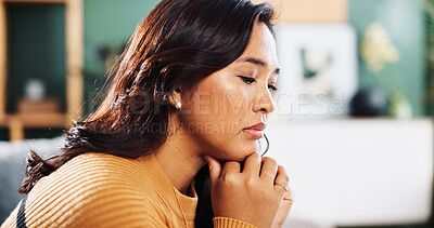 Buy stock photo Thinking, house and sad woman with depression, worry or fear with stress, doubt or loan debt. Bored, lonely and insecure victim with phobia, mistake or emotional crisis with ptsd, trauma and risk