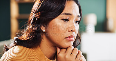 Buy stock photo Thinking, anxiety or sad woman in house with worry, fear or abuse with stress, doubt and debt. Victim, lonely or scared person with depression with phobia, mistake or emotional crisis with trauma