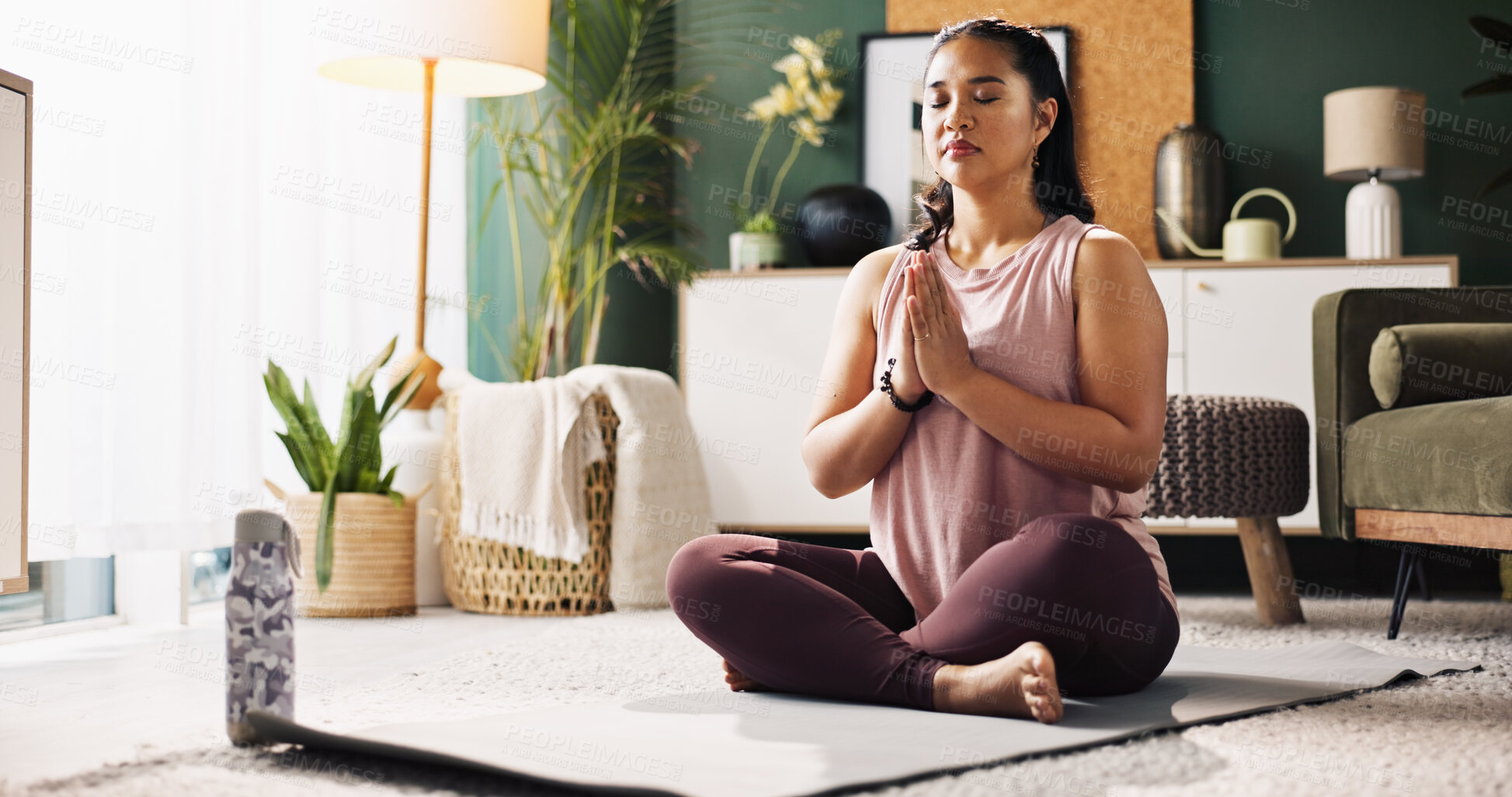 Buy stock photo Woman, yoga and meditation with mat for inner peace, zen or spiritual workout on floor at home. Female person, yogi or fitness with mindfulness, awareness or namaste for balance or wellbeing at house