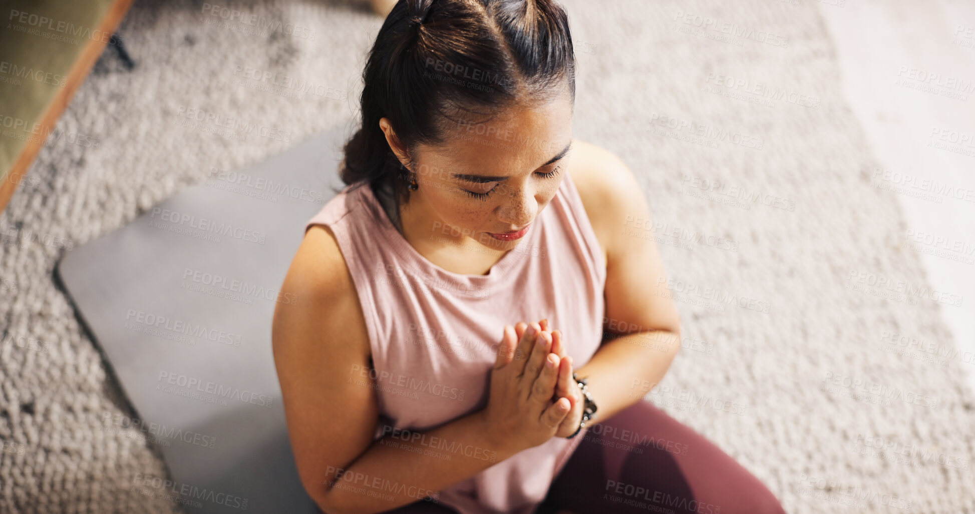 Buy stock photo Woman, yoga or meditation with namaste for zen, spiritual workout or inner peace on floor at home. Female person, yogi or fitness with mindfulness or awareness for balance or wellbeing above at house