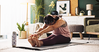 Buy stock photo Woman, stretching and legs with mat for yoga balance, wellbeing or fitness on floor at home. Female person, yogi or warm up in zen workout for spiritual awareness, mindfulness or flexibility at house