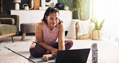 Buy stock photo Happy, asian woman and yoga with laptop for online class, tutorial or zen workout on floor at home. Female person, yogi or fitness with computer or app for mindfulness, awareness or balance at house