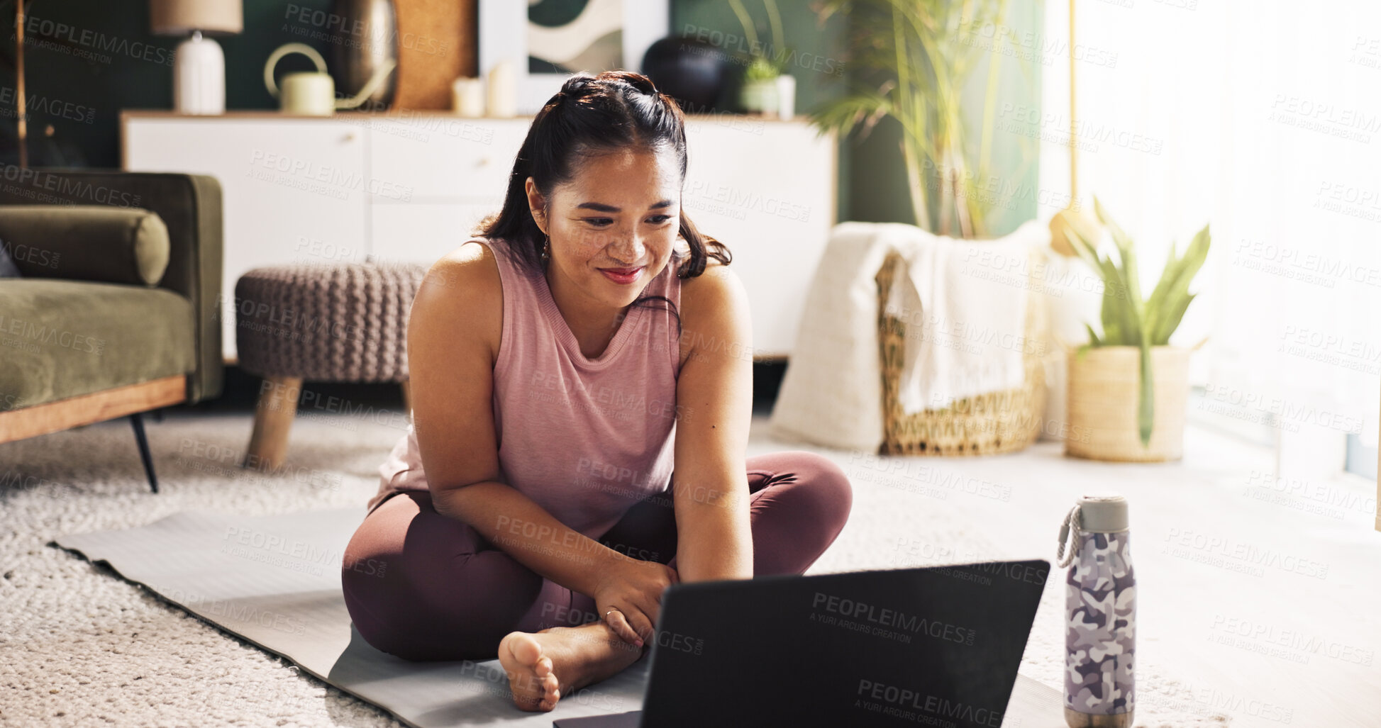 Buy stock photo Happy, asian woman and yoga with laptop for online class, tutorial or zen workout on floor at home. Female person, yogi or fitness with computer or app for mindfulness, awareness or balance at house