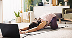 Woman, stretching and laptop with mat for online class, tutorial or yoga on floor at home. Female person, yogi or warm up with computer or app for virtual workout, mindfulness or balance at house
