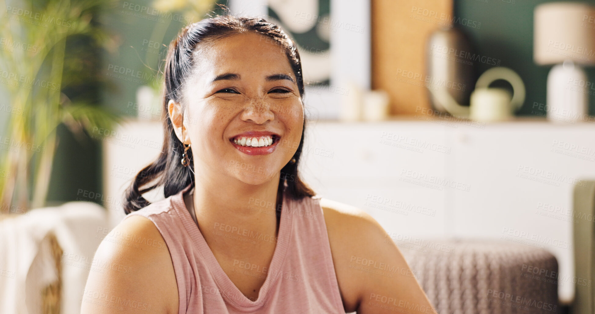 Buy stock photo Portrait, fitness and happy Asian woman in home for wellness, holistic health and relax to rest. Face, smile and person in living room for exercise break, yoga or pilates with confidence in Indonesia