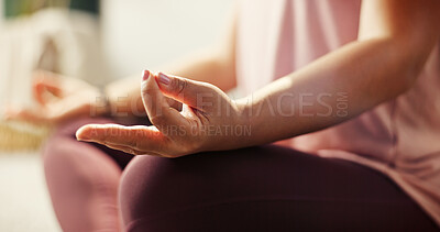 Buy stock photo Person, hands and meditation with lotus for inner peace, spiritual wellness or awareness at home. Closeup, yogi or zen with pose in yoga for mindfulness, balance or stress relief on floor at house