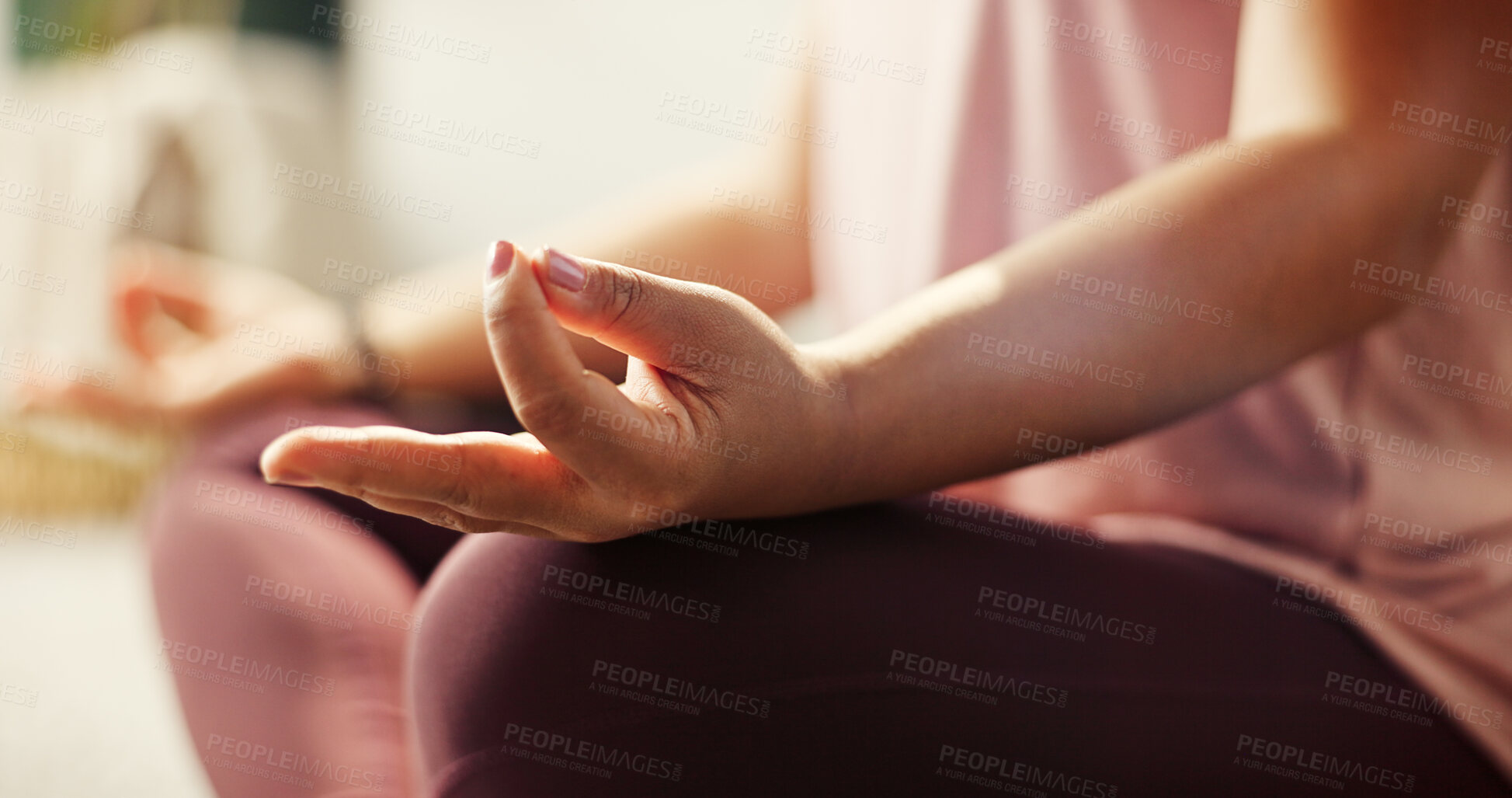 Buy stock photo Person, hands and meditation with lotus for inner peace, spiritual wellness or awareness at home. Closeup, yogi or zen with pose in yoga for mindfulness, balance or stress relief on floor at house